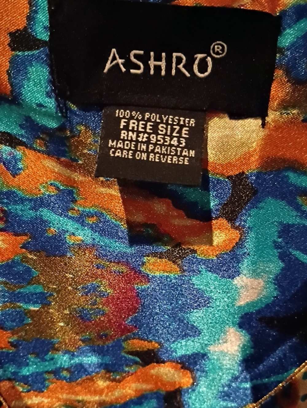 Ashro Blue Black White & Orange Satin Print Blouse